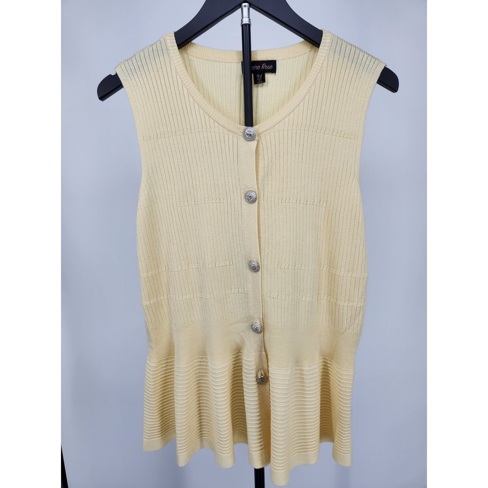 Amore‎ Rose Women XL Yellow Ribbed Peplum Knit Vest Lion Head Buttons NWT